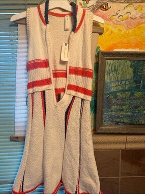 Anthropologie Cream Mini Dress with Red and Navy Trim